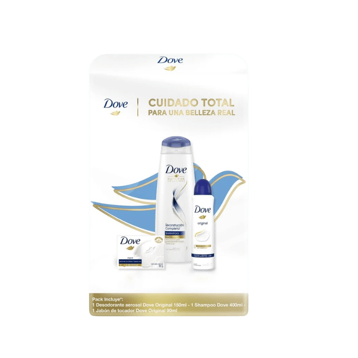 DOVE PACK CUIDADO TOTAL DESODORANTE 150ML+ SHAMPOO 400ML+ BARRA JABON 90G DET.