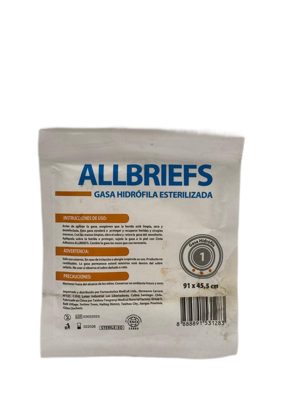 ALLBRIEFS GASA ESTERILIZADA 1X1/2 YARDA DET.