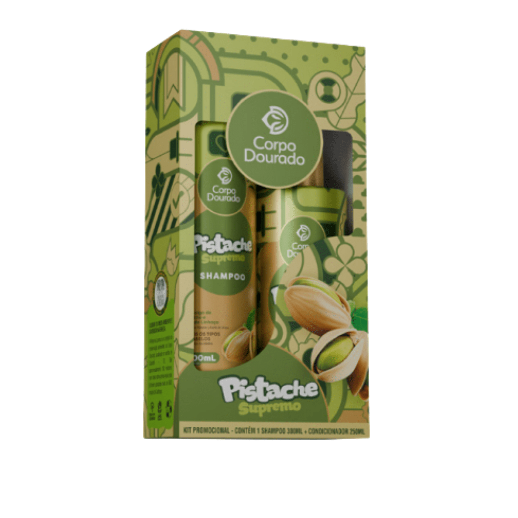 SET CAPILAR CORPO DOURADO SHAMPOO 300ML Y ACONDICIONADOR 250ML PISTACHO Y LINAZA TODO TIPO DE CABELLO