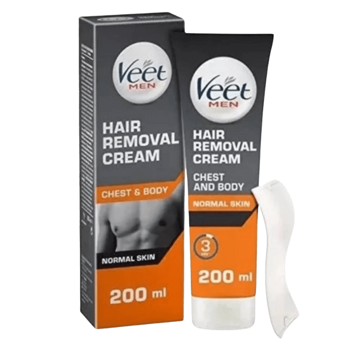 VEET MEN CREMA DEPILATORIA TORSO Y CUERPO 3 MINUTOS PIELES NORMALES 200 ML + ESPÁTULA DET.