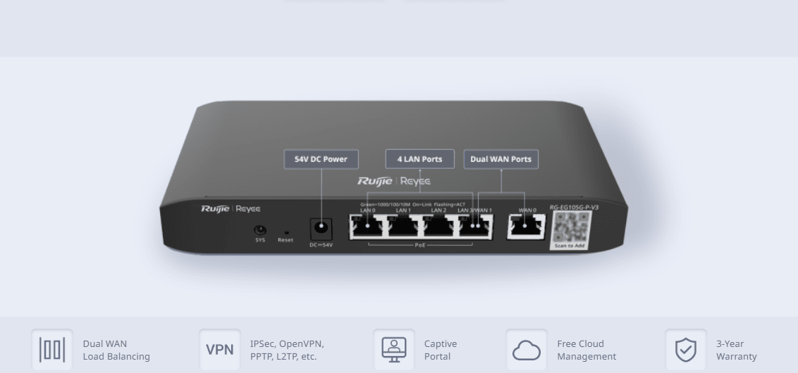 Ruijie Router Sin POE RG-EG105G-V2 Nube ,5 GE, 2 WANs,100 usuarios ,600Mbps.1