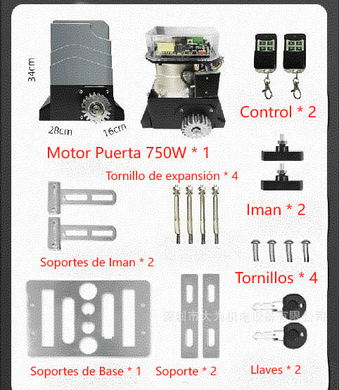 kit motor puerta 750w 1200kg + 3m Cremalleras 2 controles 1400r-m 12mt-min 26 N.m3