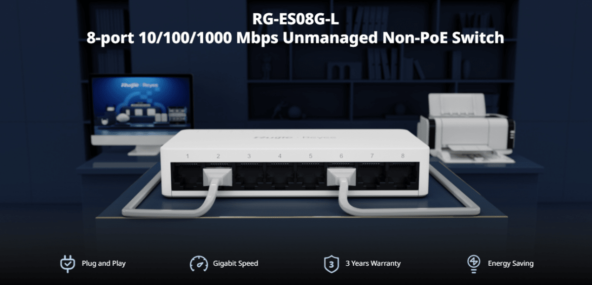 Ruijie RG-ES08G-L 8-Port Gigabit no administrado Switch, 8 Gigabit RJ45 Ports , plástico1