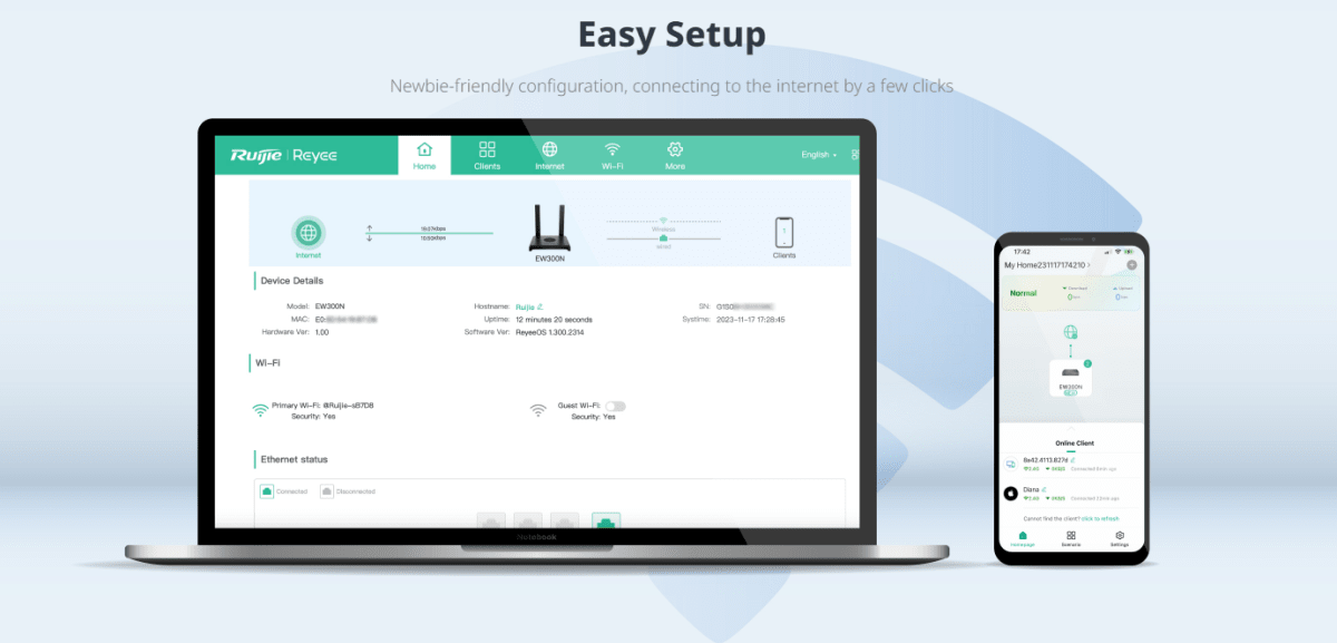 Ruijie RG-EW300N WiFi 4 Router 2.4G 300 Mbps Ports: 1× 10-100 Mbps4