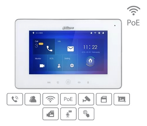 Dahua DHI-VTH5221DW MONITOR WIFI VIDEO,PORTERO 7''(1024*600),MIC SD 8G ,Color Blanco,12V,PoE.1