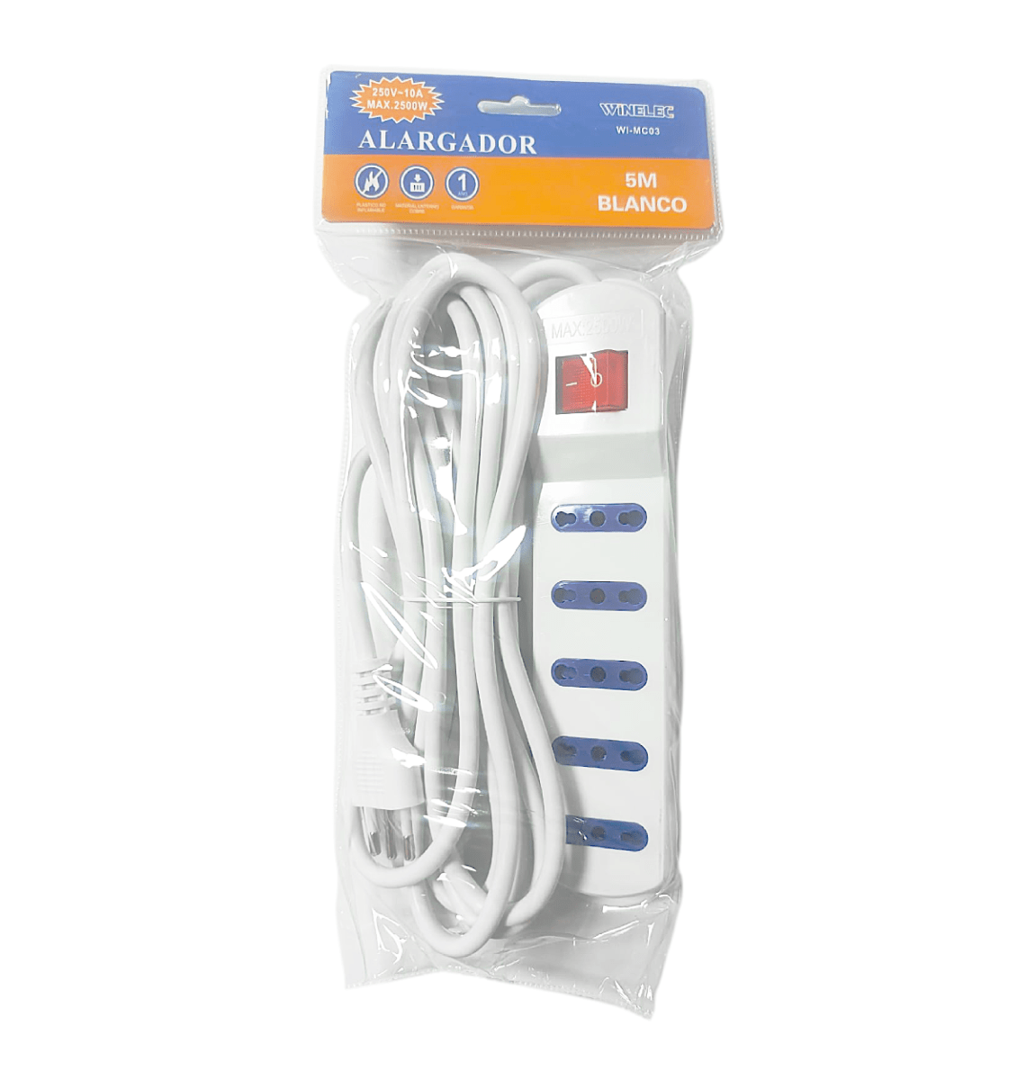 WINELEC ALARGADOR 5 TOMAS 5MT SEC WI-CO3 INTERRUPTOR BLANCO1