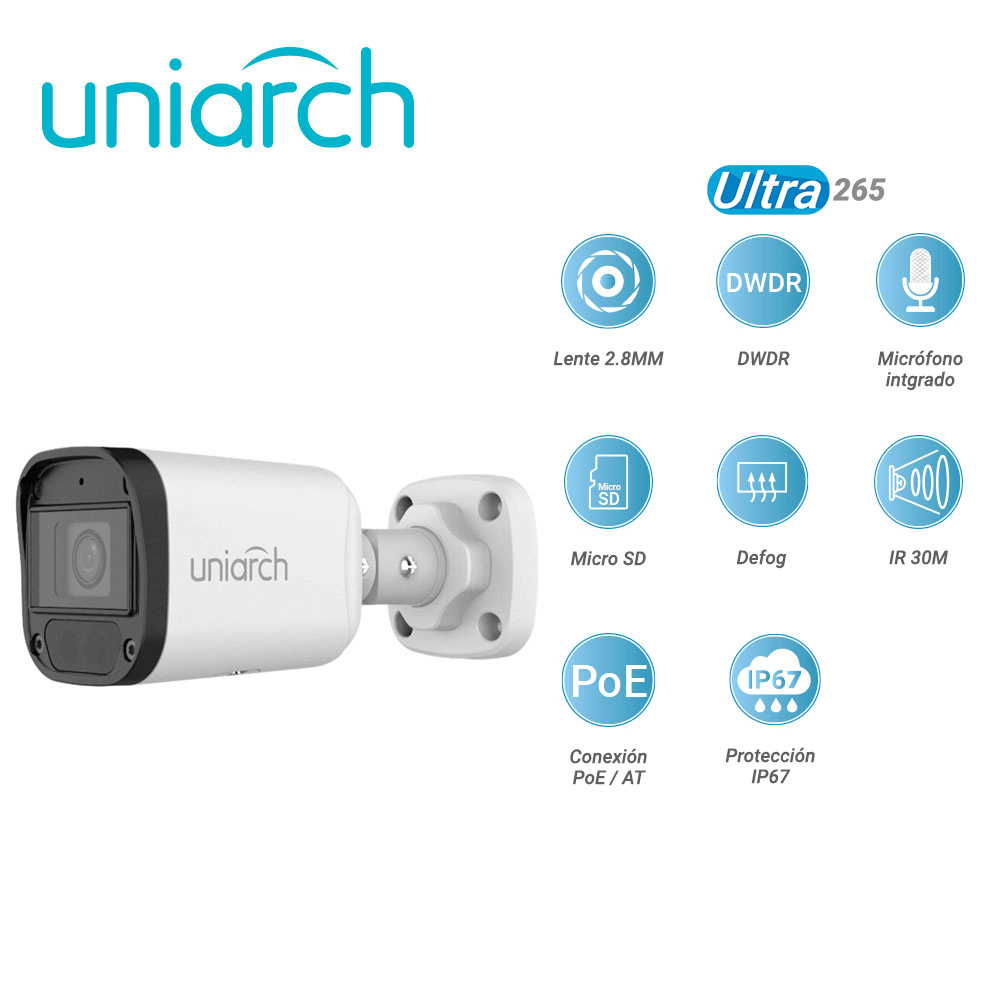 UNIARCH Cámara IP Bala IPC-B134-AF28-DL-ECO 2.8mm PoE 4MP  DUAL COLOR 30MT Audio IP67 H.265+ ONVIF3