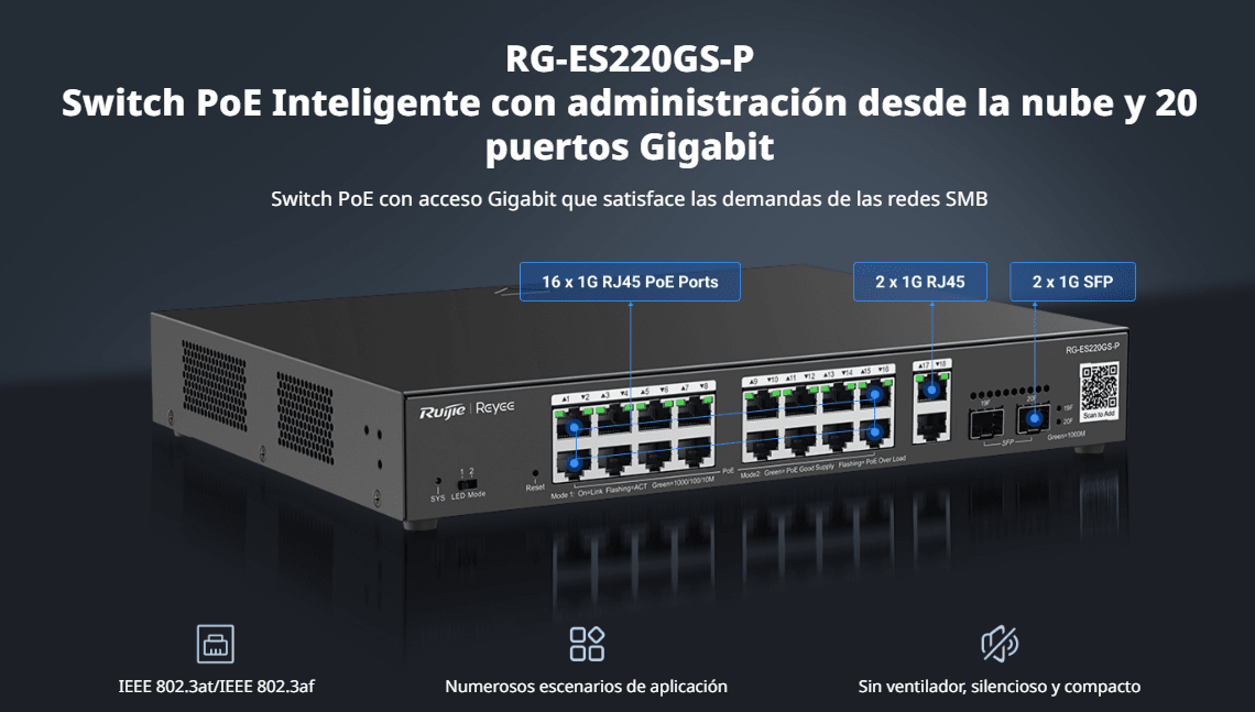 Ruijie RG-ES220GS-P,20GE POE Switch, 16 PoE-POE+,2 Gigabit RJ45-2 SFP,250W1