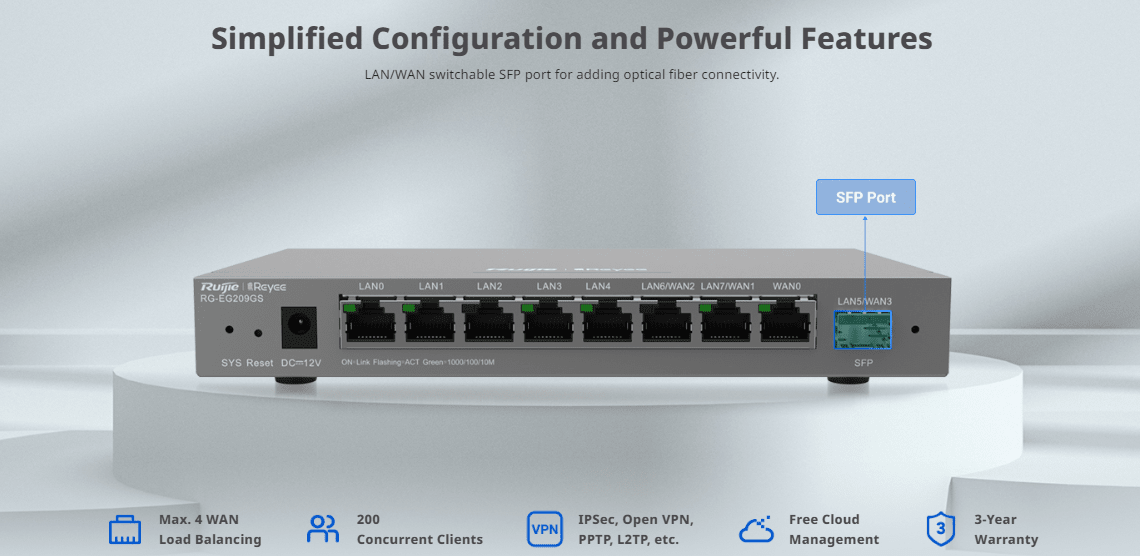 Ruijie RG-EG209GS nube Sin POE 8 GE 1 puerto SFP GE,1 WAN, 5 LAN y 3 LAN-WAN, 200 usuarios, 600 Mbps1