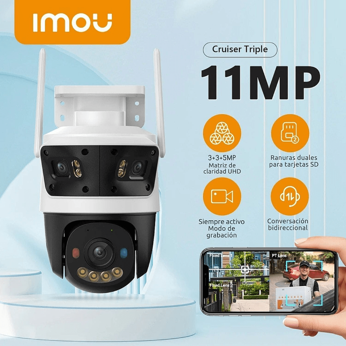 Imou Cruiser Trile IPC-S7UN-11M0WED 11mp lente triple, 2 fijas 3mp + PT 5mp audio bidireccional exte3