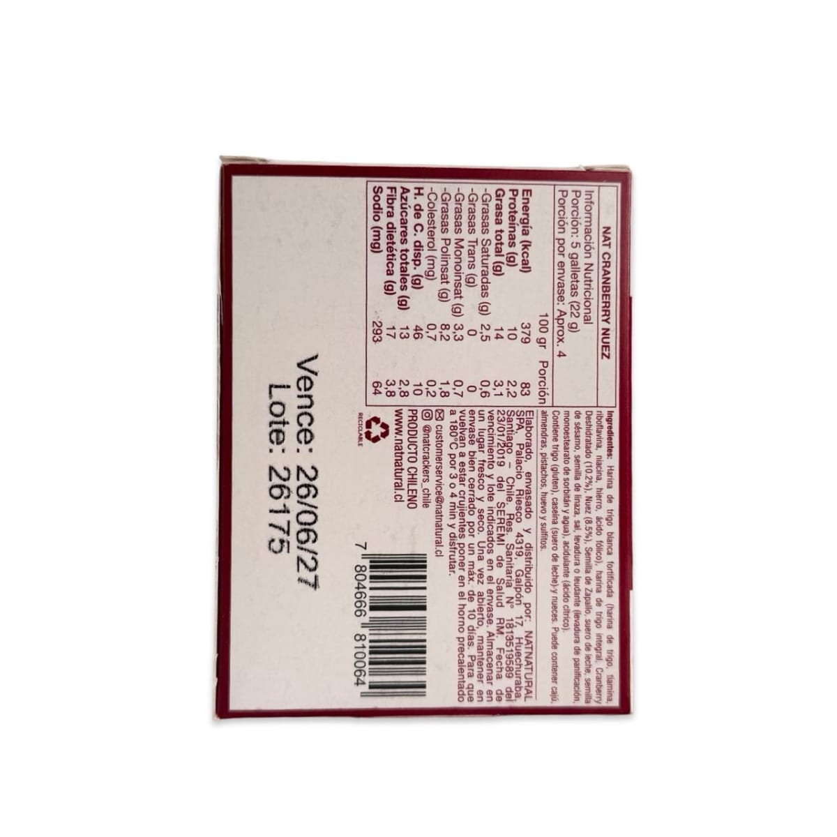 GALLETAS NAT CRACKERS CRANBERRY NUEZ 80 G2