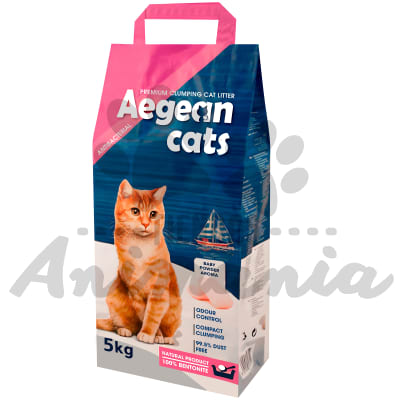 AEGEAN CAT ARENA SANITARIA AGLUTINANTE HIPOALERGENICA Y ANTIBACTERIANA AROMA BABY POWDER 5 KG1