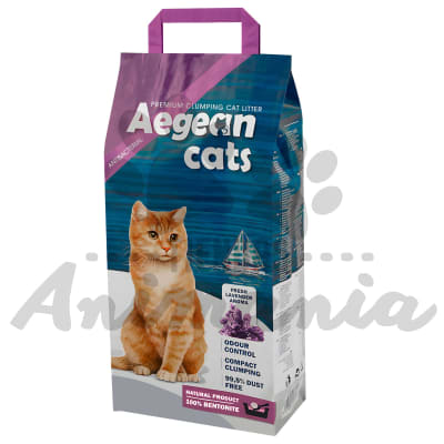 AEGEAN CAT ARENA SANITARIA AGLUTINANTE HIPOALERGENICA Y ANTIBACTERIANA AROMA LAVANDA 20 KG1