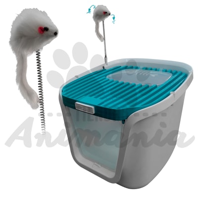 BAÑO DE GATO DOBLE PUERTA CERRADO CON RATÓN DE JUGUETE1