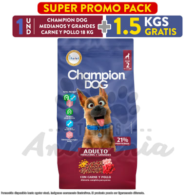 PROMO CHAMPION DOG ADULTOS MEDIANOS Y GRANDES CARNE Y POLLO 18 KG + 1.5 KG