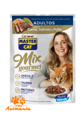 MASTER CAT POUCH MIX CARNE, SALMON Y POLLO 85 GR1