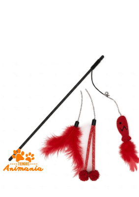 WONDER CAT VARILLA PEZ PLUMAS Y POMPONES ROJO1