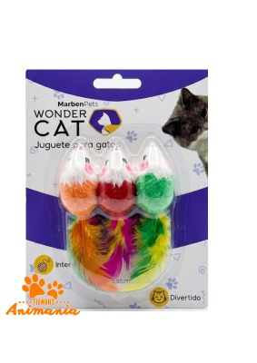 WONDER CAT SET 3 RATONES CON PLUMAS MULTICOLOR PARA GATOS