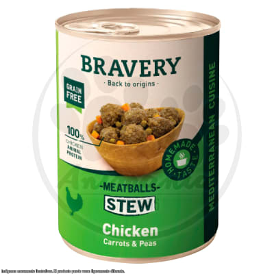 BRAVERY LATA DOG MEATBALLS STEW CHICKEN, CARROTS & PEAS 415 GR1