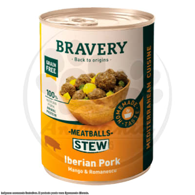 BRAVERY LATA DOG MEATBALLS STEW IBERIAN PORK, MANGO & ROMANESCU 415 GR1