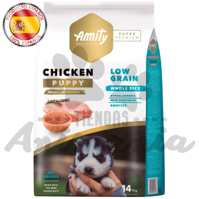 AMITY PERRO CACHORRO SUPER PREMIUM BAJO EN GRANOS SABOR A POLLO 14 KG1