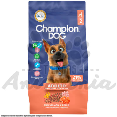 CHAMPION DOG ADULTO MEDIANOS Y GRANDES SALMON Y POLLO 18 KG1