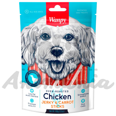WANPY CHICKEN JERKY & CARROT STICKS FOR DOGS - BARRITAS DE POLLO JERKY Y ZANAHORIAS PARA PERROS 100 GR