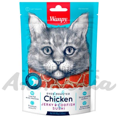 WANPY CHICKEN JERKY & CODFISH SUSHI FOR CATS - SUSHI DE POLLO JERKY Y BACALAO PARA GATOS 80 GR