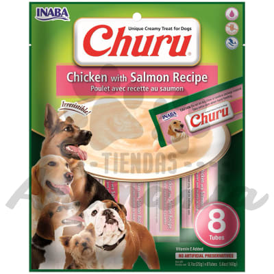 CHURU DOG PREMIO CREMOSO PARA PERROS RECETA DE POLLO CON SALMÓN 8 PIEZAS
