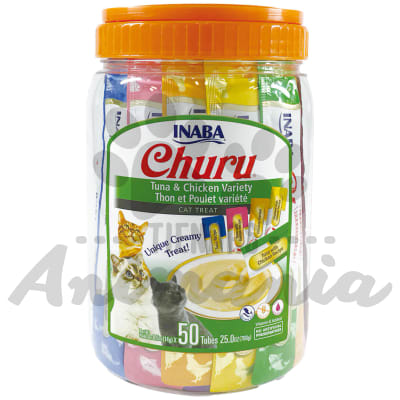 CHURU SNACK CREMOSO PARA GATOS VARIEDADES DE ATÚN Y POLLO 50 TUBOS 700 GR