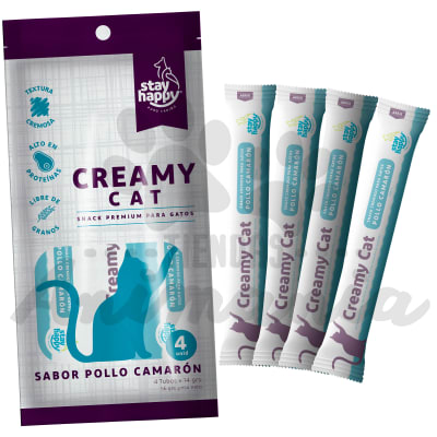 STAY HAPPY CREAMY CAT SNACK CREMOSO SABOR A POLLO CON CAMARON 4*14 GR1