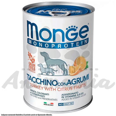 MONGE PERRO LATA MONOPROTEICA GRAIN FREE PAVO Y FRUTAS CITRICAS 400 GR