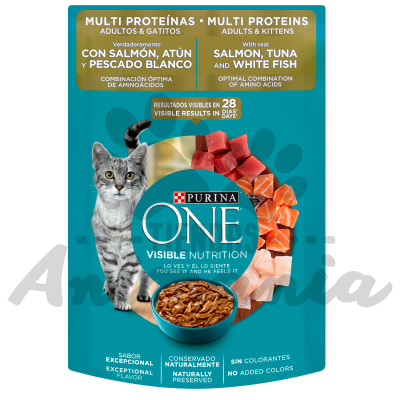 PURINA ONE POUCH GATOS MULTIPROTEINAS ADULTOS Y GATITOS 85 GR1