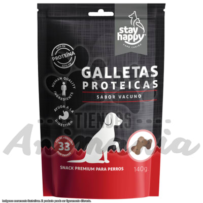 STAY HAPPY SNACK GALLETA PROTEICA PARA PERROS SABOR A VACUNO 140 GR1