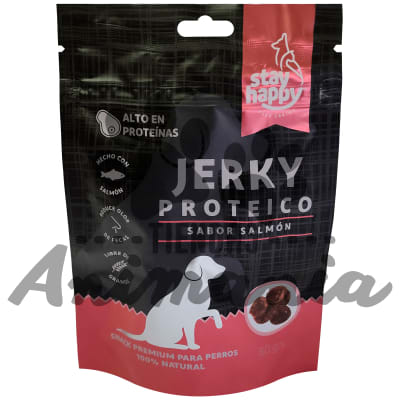 STAY HAPPY SNACK JERKY PROTEICO SALMON PARA PERROS 80 GR1