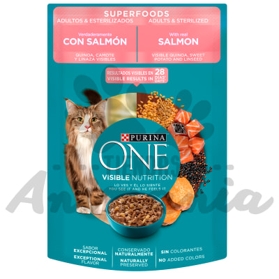 PURINA ONE POUCH GATOS SUPERFOODS ADULTOS Y ESTERILIZADOS SALMON 85 GR1