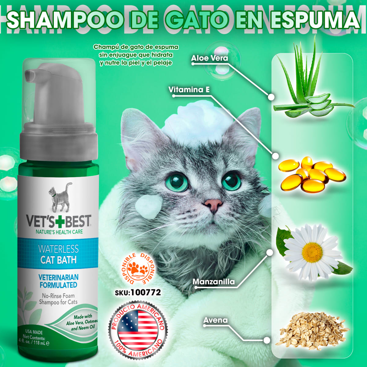 VET´S BEST WATERLESS CAT BATH 150 ML BAÑO SIN ENJUAGUE PARA GATOS