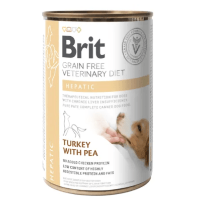 LATA BRIT GF VETERINARY DIET PERRO HEPATIC 400GR PAVO Y GUISANTES1