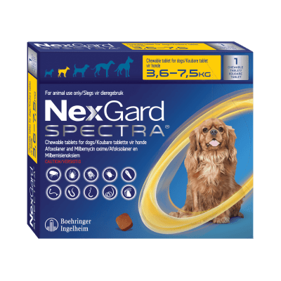NEXGARD SPECTRA ANTIPARASITARIO INTERNO Y EXTERNO PERROS 3.6 A 7.5KG (CAJA 3 TABLETAS)1