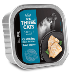 PATE THREE CATS ADULTOS CASTRADOS - BOLAS DE PELO PESCADO BLANCO 90GR