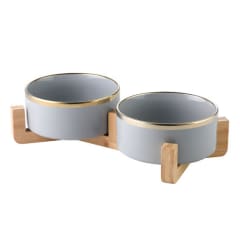 COMEDERO CERAMICA DOBLE Y BASE MADERA VICENTINI