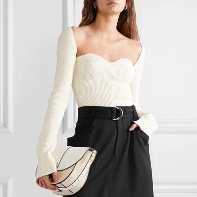 Sweater mujer Blanco ajustado escote cuadrado manga larga2