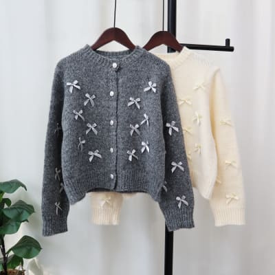 Sweater de Punto con Lazo Mujer Gris1