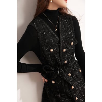 Vestido Tweed Negro con Botones y Cinturón Mujer3
