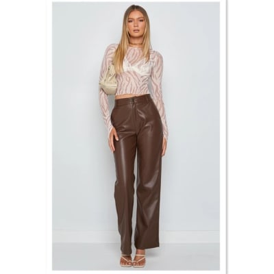 Pantalones De Cuero Tiro Alto Mujer Bota Recta Marrón Cuerina1