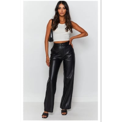 Pantalones De Cuero Tiro Alto  Mujer Bota Recta Vinotinto Negro Cuerina2