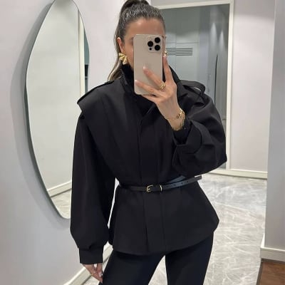 Chaqueta Mujer Entallada con Cinturón Negra Valeria1