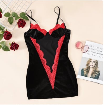 Pijama Bata Corta Terciopelo Encaje Negro1