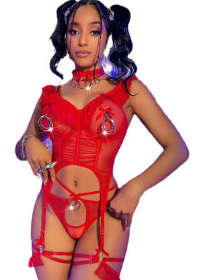 Set lencería Rojo con portaligas y choker1