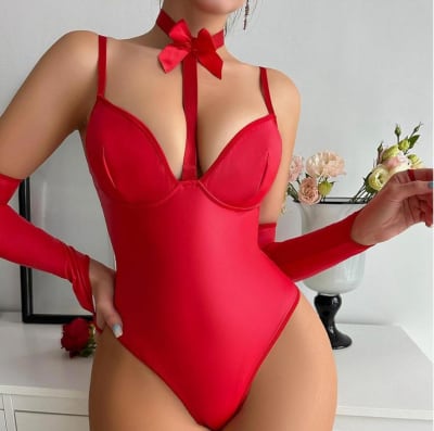 Body Enterizo Rojo Mujer con Lazo y Guantes1